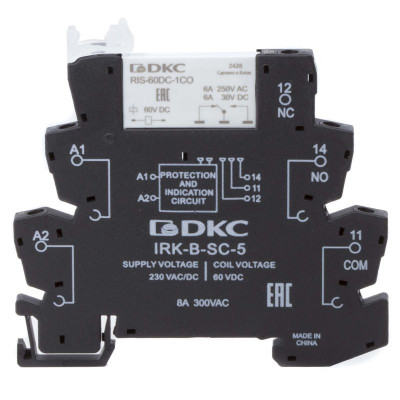 Реле интерфейсное 1CO ком. ток 6А AgSnO2 напряжение 230В AC/DC винтовые клеммы DKC IRK-230UC-1CO