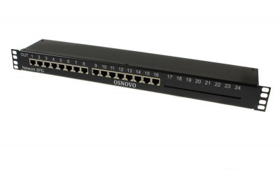 Устройство грозозащиты SP-IP16/1000PR 1U для локал. вычислит. сети на 16 портов (скорость до 1000Мб/с) с защит. линий PoE OSNOVO 14276