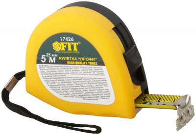 Рулетка Профи 5мх25мм калибр. лента; нейлон. покрытие; магн. крючок; эласт. корпус; двойн. стопор черн/желт. FIT 17426