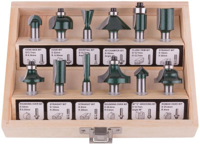 Набор фрез по дереву кромочные набор 12шт деревян. бокс хвостовик 8мм FIT 36578