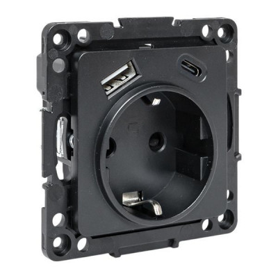 Розетка 1-м СП Стокгольм 16А USB A+C с заземл. защ. шторки винтов. клеммы механизм черн. EKF EZR16-2USB-typeA-typeC