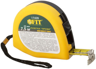 Рулетка Профи 7.5мх25мм калибр. лента; нейлон. покрытие; магн. крючок; эласт. корпус; двойн. стопор черн./желт. FIT 17428