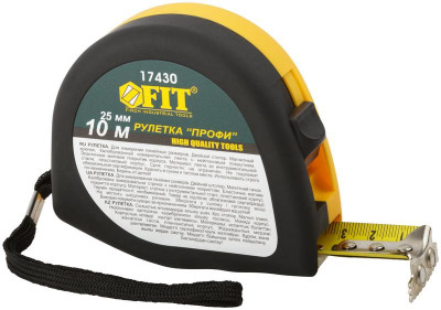 Рулетка Профи 10мх25мм калибр. лента; нейлон. покрытие; магн. крючок; эласт. корпус; двойн. стопор черн./желт. FIT 17430