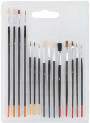 Кисть художественная натуральная щетина деревянная ручка плоские и круглая набор 15шт FIT 01535