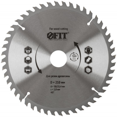 Диск пильный для циркулярных пил по дереву 210х30/25.4х48T FIT 37752
