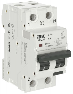 Выключатель автоматический дифференциального тока АВДТ B10N 1P+NP C6 30мА тип A (36мм) ARMAT IEK AR-B10N-1N-C006A030