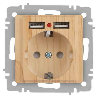 Розетка 1-м СП Accent 6-410-11 16А IP20 250В P+E Schuko + 2хUSB защ. шторки сосна Intro Б0063720