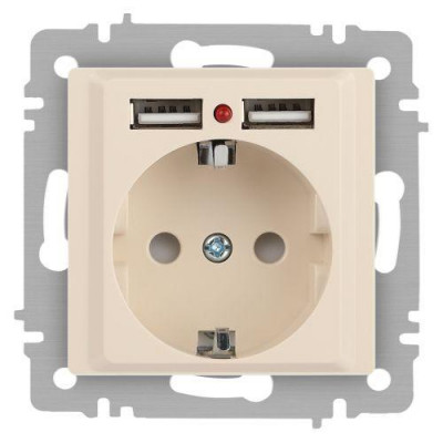 Розетка 1-м СП Accent 6-410-02 16А IP20 250В P+E Schuko + 2хUSB защ. шторки сл. кость Intro Б0063692