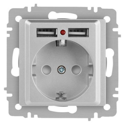 Розетка 1-м СП Accent 6-410-03 16А IP20 250В P+E Schuko + 2хUSB защ. шторки алюм. Intro Б0063694