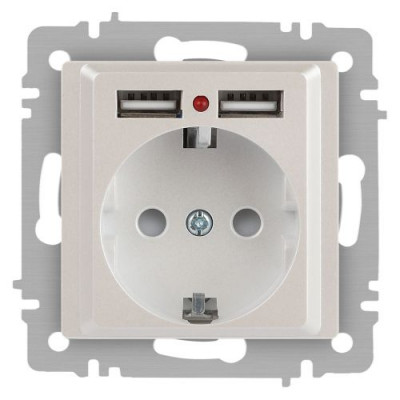 Розетка 1-м СП Accent 6-410-06 16А IP20 250В P+E Schuko + 2хUSB защ. шторки перламутр. Intro Б0063700