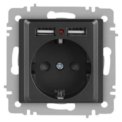 Розетка 1-м СП Accent 6-410-07 16А IP20 250В P+E Schuko + 2хUSB защ. шторки графит Intro Б0063702