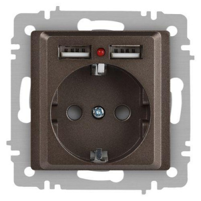 Розетка 1-м СП Accent 6-410-08 16А IP20 250В P+E Schuko + 2хUSB защ. шторки бронза Intro Б0063704
