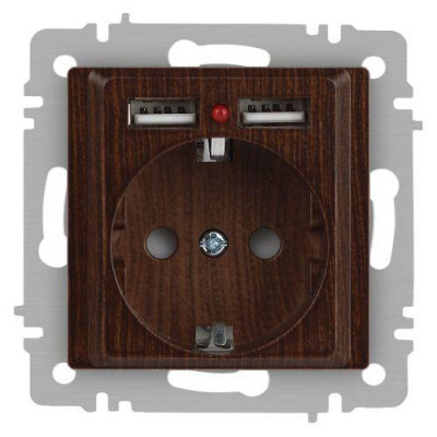 Розетка 1-м СП Accent 6-410-10 16А IP20 250В P+E Schuko + 2хUSB защ. шторки венге Intro Б0063717