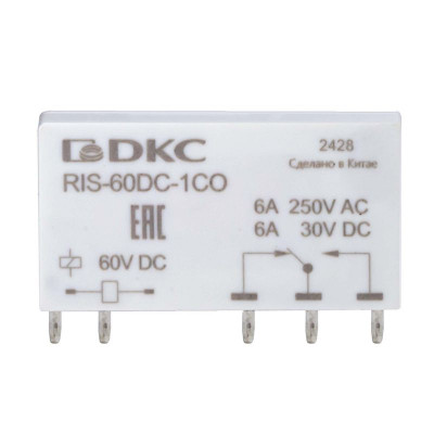 Реле миниатюрное ультратонкое 1CO ком. ток 6А AgSnO2 напряжение 60В DC DKC RIS-60DC-1CO