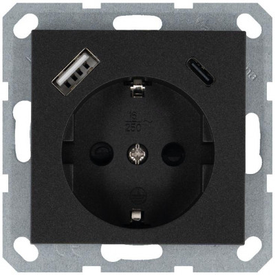 Розетка Shuko 16А с заземл. защ. шторки с 2-мя заряд. устройствами USB тип A+C 25Вт механизм антрацит Jasmart G5501USB-25B