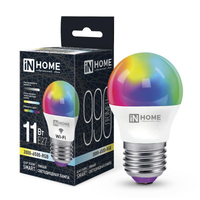 Лампа светодиодная LED-ШАР-RGBW-SMART 11Вт 3000-6500К E27 990лм 230В димм. IN HOME 4690612050058