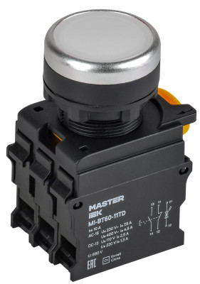 Кнопка d22мм 1НО+1НЗ MASTER с подсветкой и фиксацией бел. IEK MI-BT60-11TD-3-11-K01