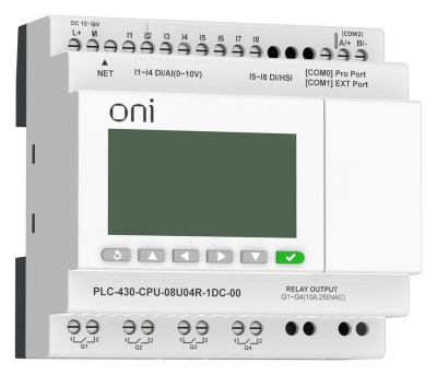 Модуль ЦПУ ПЛК 430 4 DI 4 UI (0-10В/DI) 4 RO 24В DC с Ethernet портом с экраном ONI PLC-430-CPU-08U04R-1DC-00