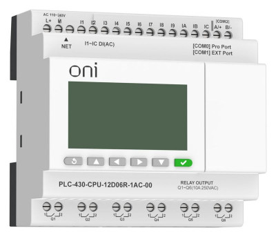 Модуль ЦПУ ПЛК 430 12 DI 6 RO 220В AC с Ethernet портом с экраном ONI PLC-430-CPU-12D06R-1AC-00
