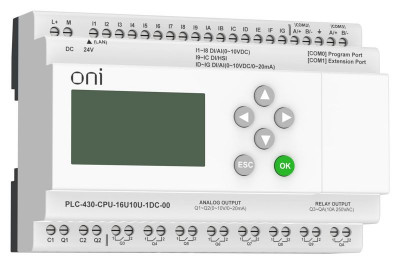 Модуль ЦПУ ПЛК 430 4 DI 12 UI (0-10В/DI) 8 RO 2 AO (1шт 0-10В и 1шт 0-20мА) 24В DC с Ethernet портом с экраном ONI PLC-430-CPU-16U10U-1DC-00