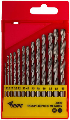 Набор сверл HSS по металлу 1.5; 2; 2.5; 3; 3.2; 3.5; 4; 4.5; 4.8; 5; 5.5; 6; 6.5мм полированные (13 предметов) КУРС 33699