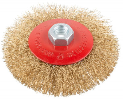 Корщетка-колесо с наклоном гайка М14 стальная волнистая латунированная проволока 115мм КУРС 39022