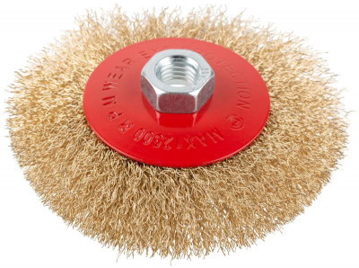 Корщетка-колесо с наклоном гайка М14 стальная латунированная волнистая проволока 115мм блистер КУРС 39084