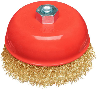 Корщетка-чашка гайка М14 стальная латунированная волнистая проволока 125мм блистер КУРС 39094