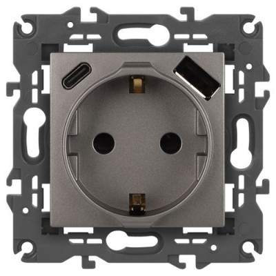 Розетка Elegance 14-4108-16 16A 250В 2P+E защ. шторки с USB type-A+C 3А 5В титан Эра Б0067695