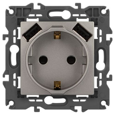 Розетка Elegance 14-4109-16 16A 250В 2P+E защ. штор. с 2xUSB 3А 5В титан Эра Б0065775