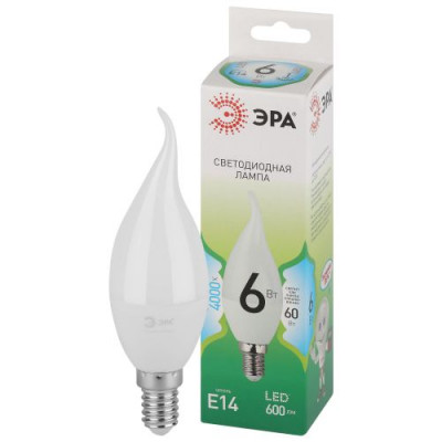 Лампа светодиодная GREEN LINE BXS-6W-840-E14 GL 6Вт свеча на ветру 4000К яркий свет бел. E14 Эра Б0067131