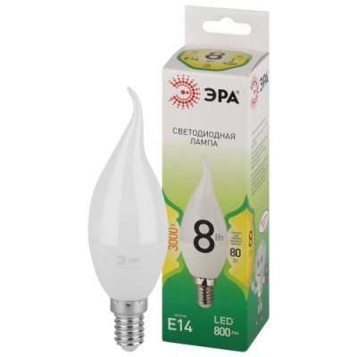 Лампа светодиодная GREEN LINE BXS-8W-830-E14 GL 8Вт свеча на ветру 3000К свет тепл. E14 Эра Б0067103