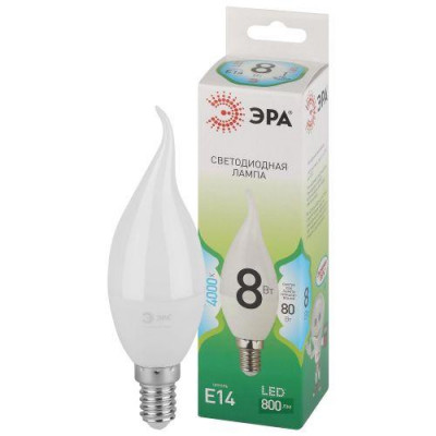 Лампа светодиодная GREEN LINE BXS-8W-840-E14 GL 8Вт свеча на ветру 4000К яркий свет бел. E14 Эра Б0067114