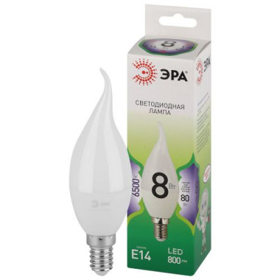 Лампа светодиодная GREEN LINE BXS-8W-865-E14 GL 8Вт свеча на ветру 6500К свет холод. E14 Эра Б0067138