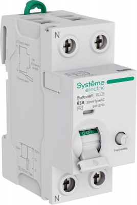 Выключатель дифференциального тока 2п 63А 30мА тип AC Systeme9 230В SE S9R12263