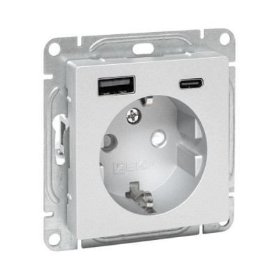 Розетка СП Эпика 16А с 2 USB-A+С с заземл. защ. шторки механизм алюм. EKF UP1-SOA-111-USBA+USBC
