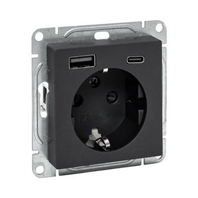 Розетка СП Эпика 16А с 2 USB-A+С с заземл. защ. шторки механизм черн. EKF UP1-SOB-111-USBA+USBC