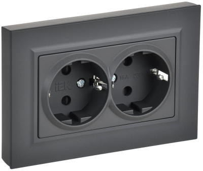 Розетка 2-м СП BRITE РСшПл12-3-БрГ 16А в сборе с заземл. защ. шторки плоская графит IEK BR-R28-16-K53-F