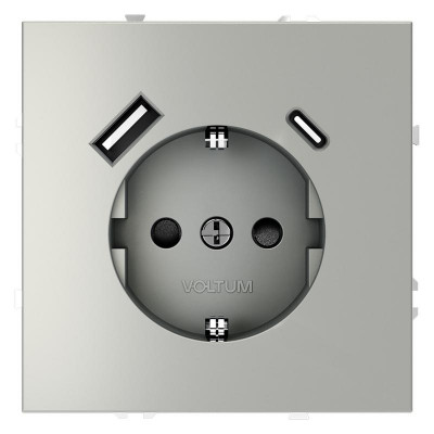 Розетка 1-м СП S70 16А с USB A+С с заземл. защ. шторки механизм сталь Voltum VLS040505