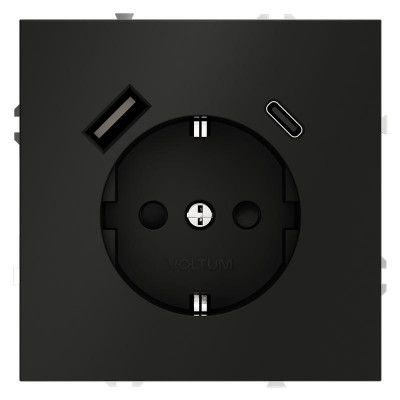 Розетка 1-м СП S70 16А с USB A+С с заземл. защ. шторки механизм черн. матов. Voltum VLS040508