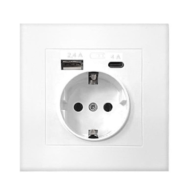 Розетка СП Афина 16А с заземл. с 2-мя заряд. устр. USB 5В тип А(2.4А)+С(4А) в сборе бел. Universal А0056