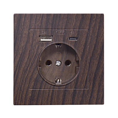 Розетка СП Афина 16А с заземл. с 2-мя заряд. устр. USB 5В тип А(2.4А)+С(4А) в сборе венге Universal А0056-V