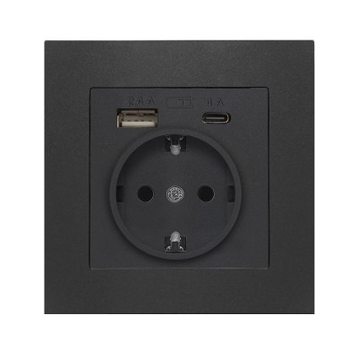Розетка СП Афина 16А с заземл. с 2-мя заряд. устр. USB 5В тип А(2.4А)+С(4А) в сборе графит Universal А0056-Gr