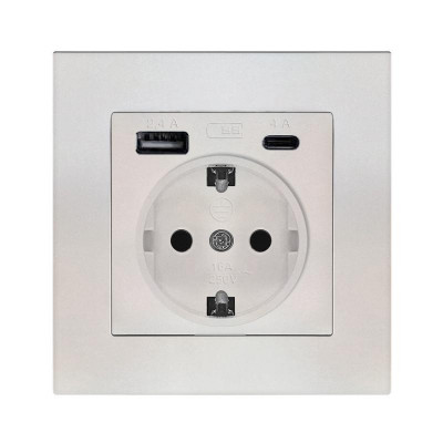 Розетка СП Афина 16А с заземл. с 2-мя заряд. устр. USB 5В тип А(2.4А)+С(4А) в сборе жемчуг Universal А0056-Obr