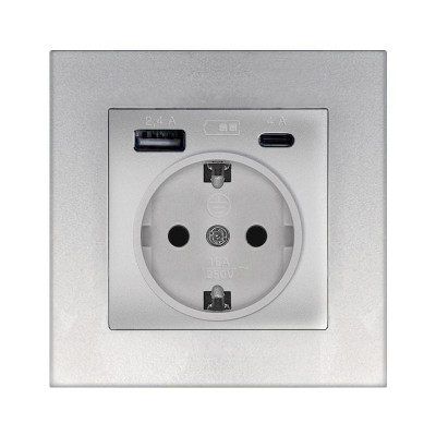 Розетка СП Афина 16А с заземл. с 2-мя заряд. устр. USB 5В тип А(2.4А)+С(4А) в сборе серебр. Universal А0056-S