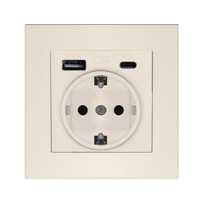 Розетка СП Афина 16А с заземл. с 2-мя заряд. устр. USB 5В тип А(2.4А)+С(4А) в сборе сл. кость (ivory) Universal А0056-I