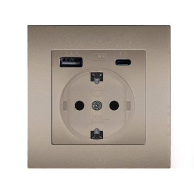 Розетка СП Афина 16А с заземл. с 2-мя заряд. устр. USB 5В тип А(2.4А)+С(4А) в сборе шампань Universal А0056-Br