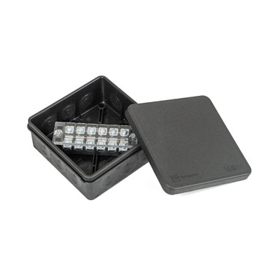 Коробка распределительная 100х100х40 для прямого монтажа двухкомпонентн. (HF) в компл. с 6-кл. зажимами сечение до 2.5 кв.мм черн. Промрукав PR80.0171