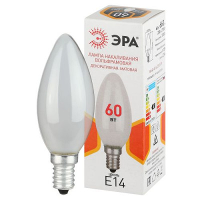 Лампа накаливания B36 60Вт свеча матовая E14/E14 230В Эра Б0066376