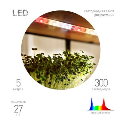 Лента светодиодная FITO-Strip Light-Rа90-300LED-5m-12V-IP65 5м IP65 для растений полноспектральная с адаптером 12В Эра Б0064591